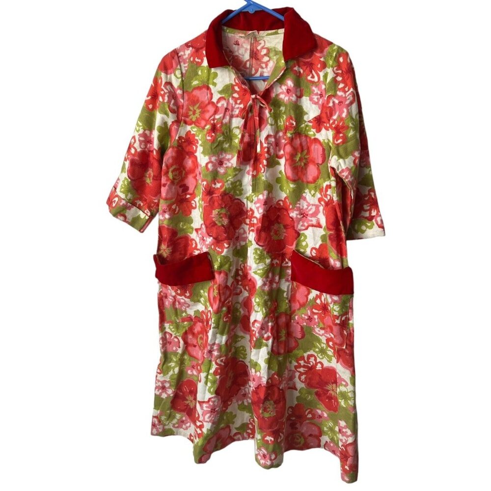 Renee Vintage Floral Housecoat Pockets Red Pink Zipper In Front  Read  See Pic